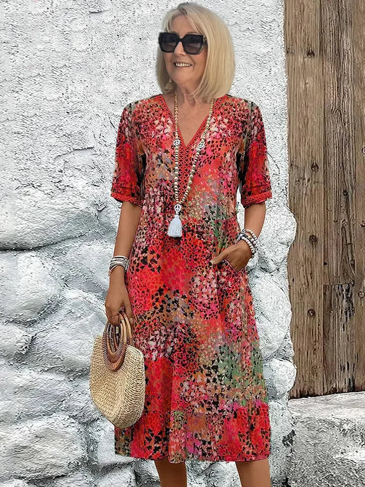 Women's vibrant tiered midi dress | Lightweight summer dress with V-neckline 6