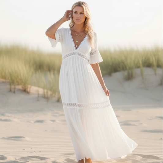 Women's white lace maxi dress | Elegant high waist summer gown 0