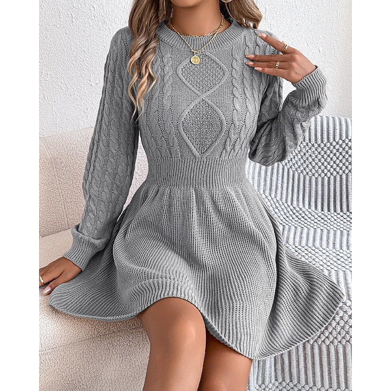 Vesper Cable-Knit Crew Neck – Women's Midi Dress in Grey