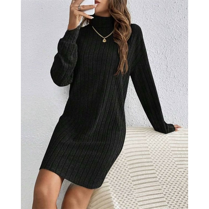 Cornelia Ribbed Roll-Neck in Light Grey – Women's Midi Dress