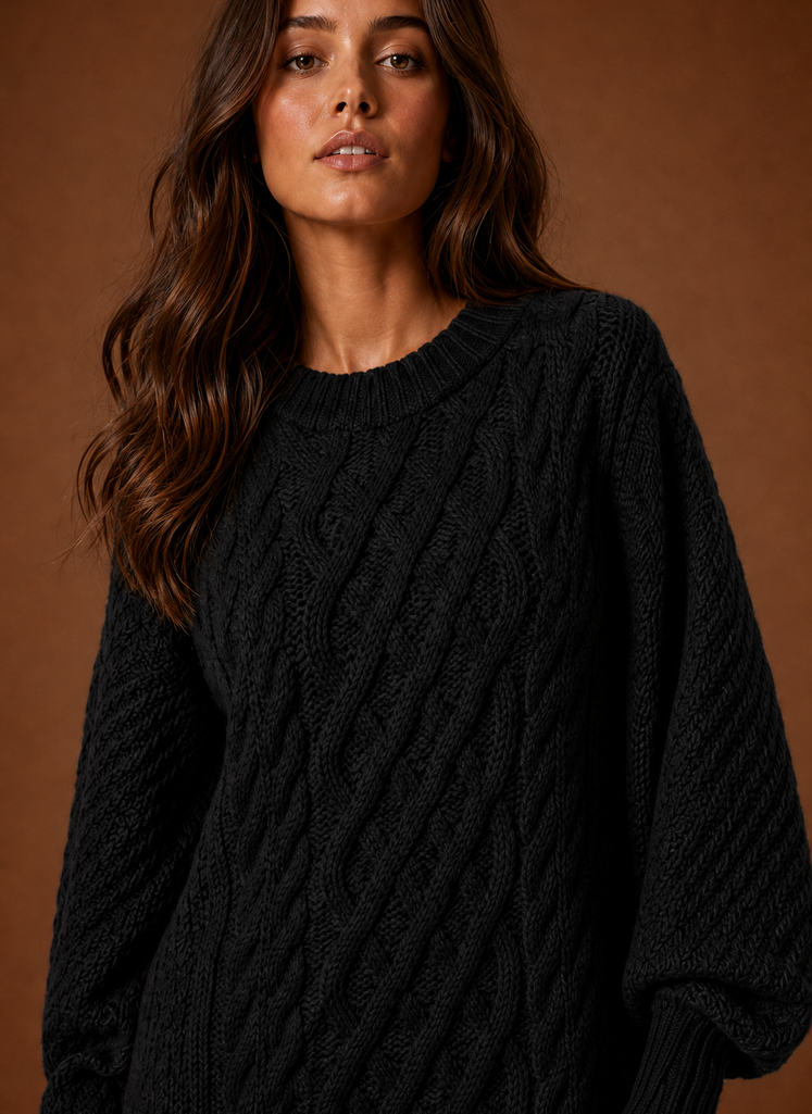 Perpetua Oversized Cable Knit – Women's Mini Dress in Forest Green