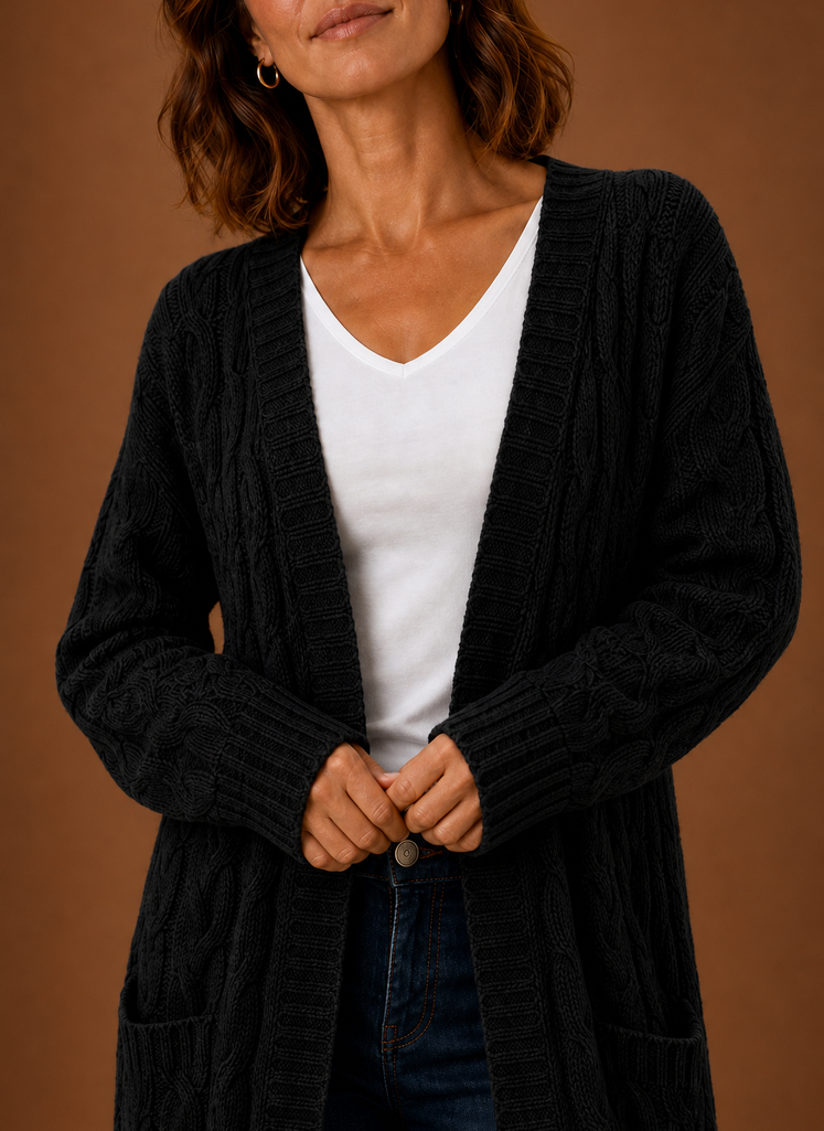 Elise Cable Knit Hooded in Black – Women's Cardigan