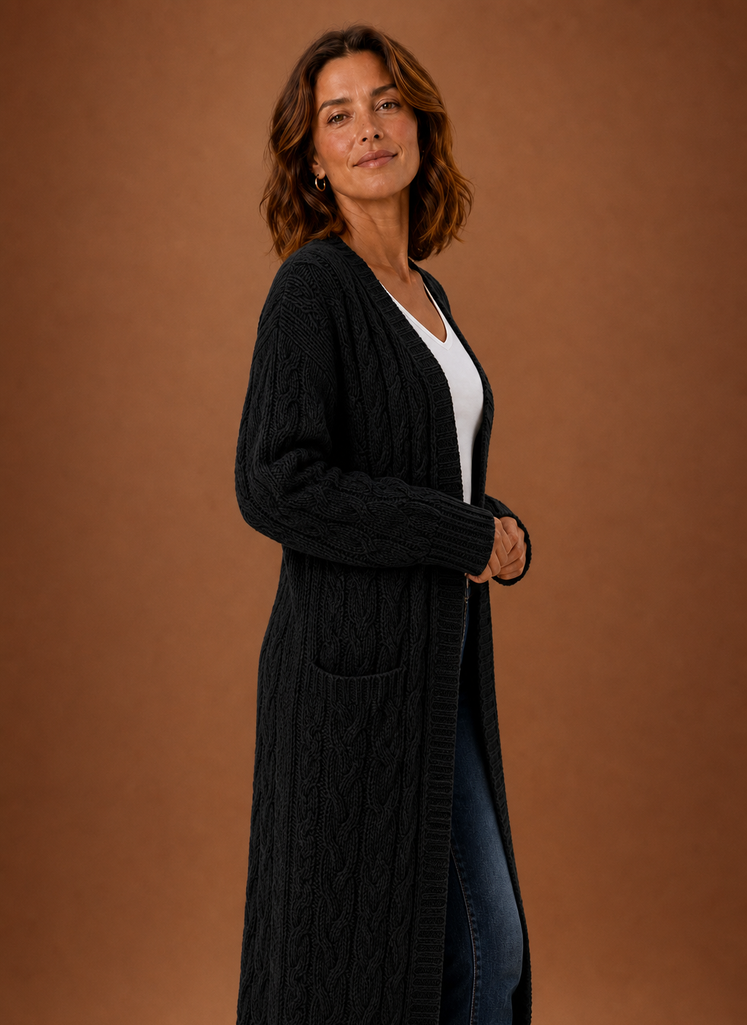 Elise Cable Knit Hooded in Black – Women's Cardigan