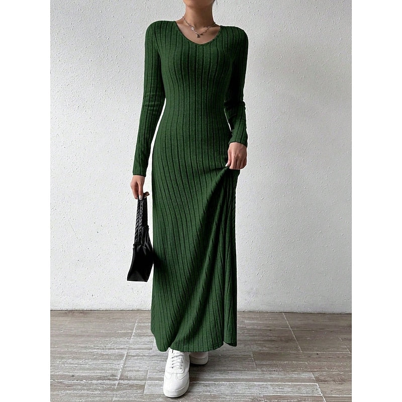 Sabine Ribbed Long-Sleeve in Green – Women's Maxi Dress