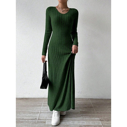 Sabine Ribbed Long-Sleeve in Green – Women's Maxi Dress