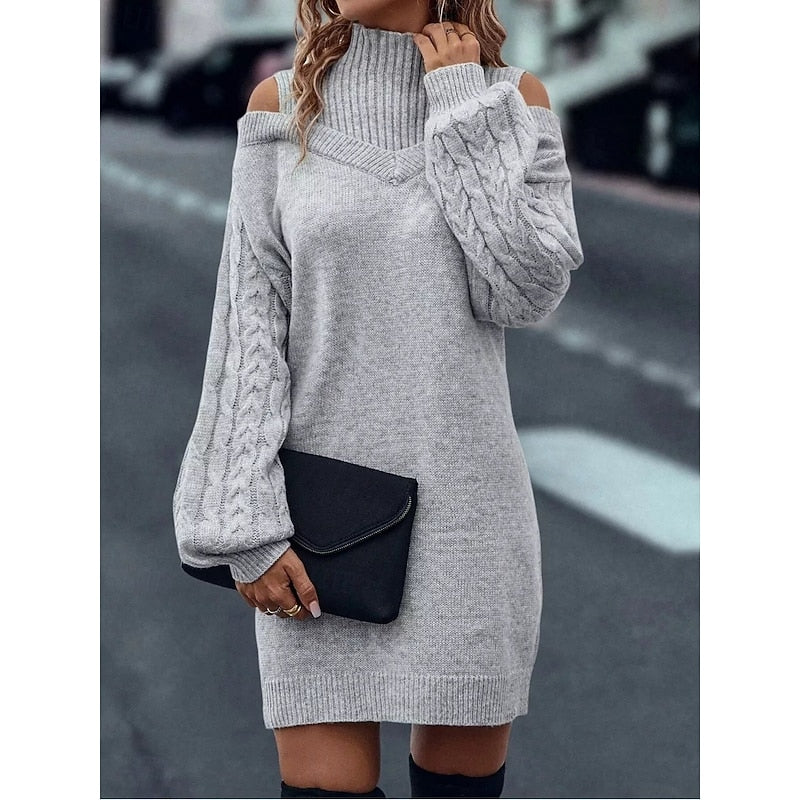 Beatrix Cold-Shoulder Turtleneck Sweater in Gray – Women's Midi Dress