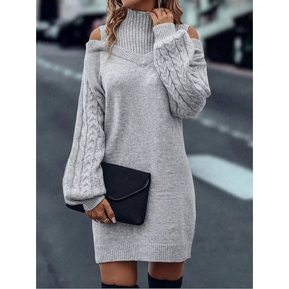 Beatrix Cold-Shoulder Turtleneck Sweater in Gray – Women's Midi Dress