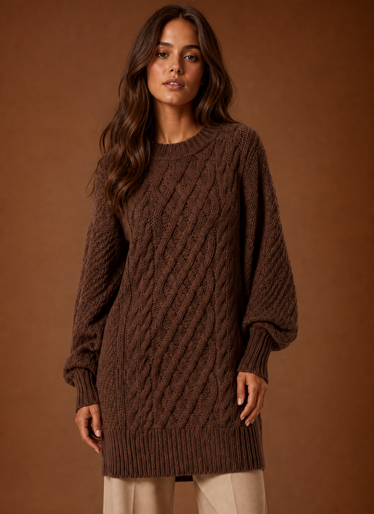 Perpetua Oversized Cable Knit in Chocolate Brown – Women's Mini Dress
