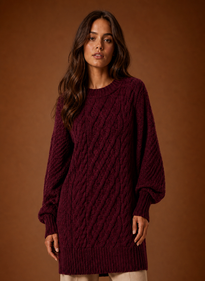 Perpetua Oversized Cable Knit in Burgundy – Women's Mini Dress
