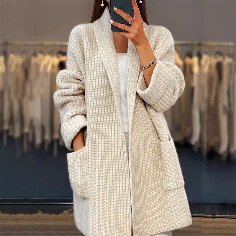 Aveline Ribbed Oversized – Women's Cardigan in Beige
