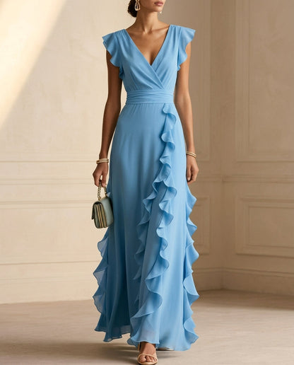 Aurelia Ruffle V-Neck – Women's Maxi Dress in Blue