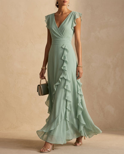 Aurelia Ruffle V-Neck in Blue – Women's Maxi Dress