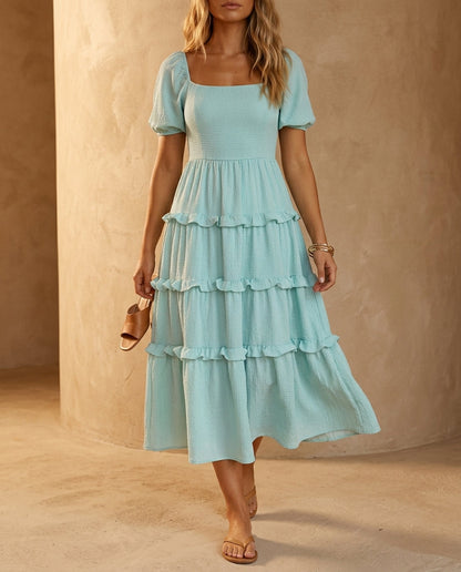 Marielle Square Neck Puff Sleeve – Women's Midi Dress in Blue