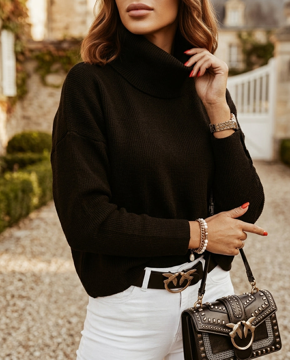 Hadley Button Cuff Turtleneck in Beige – Women’s Sweater