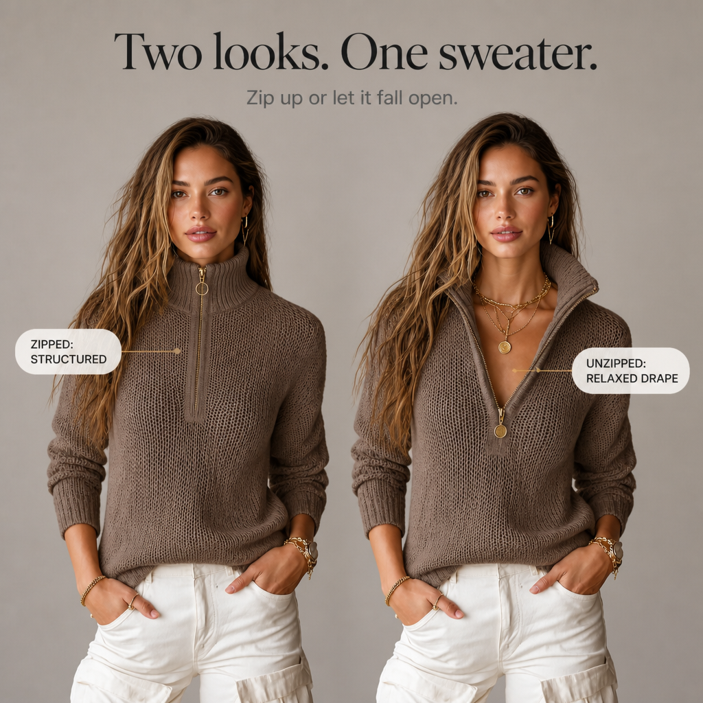 Saskia Zip Collar Chunky Knit in Brown – Women's Sweater