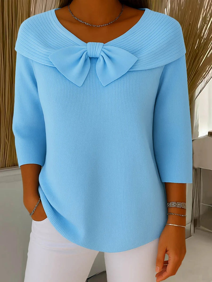 Lucienne Bow Detail Ribbed Knit – Women's Sweater in Blue