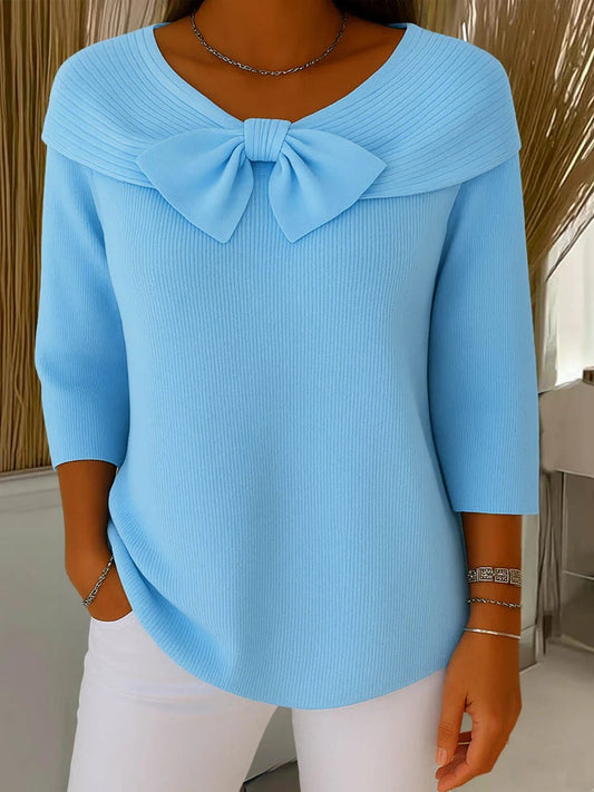 Lucienne Bow Detail Ribbed Knit – Women's Sweater in Blue