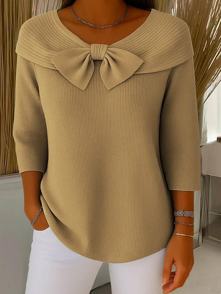 Lucienne Bow Detail Ribbed Knit – Women's Sweater in Blue