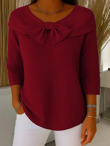 Lucienne Bow Detail Ribbed Knit – Women's Sweater in Blue