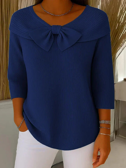 Lucienne Bow Detail Ribbed Knit – Women's Sweater in Blue