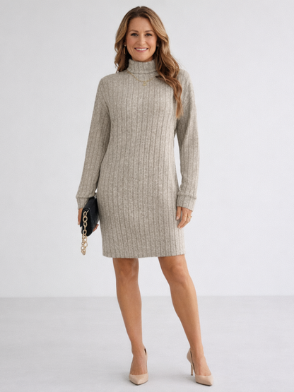 Sylvie Ribbed Turtleneck – Women's Mini Dress in Beige