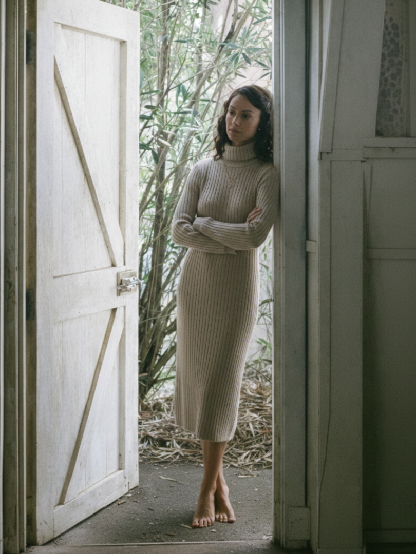 Sylvie Ribbed Turtleneck in Beige – Women's Mini Dress
