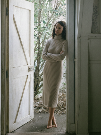Sylvie Ribbed Turtleneck in Beige – Women's Mini Dress