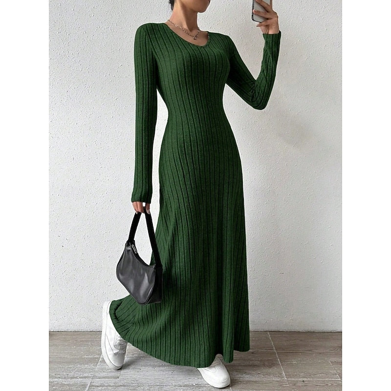 Sabine Ribbed Long-Sleeve in Green – Women's Maxi Dress