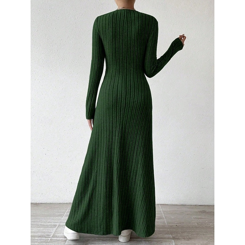 Sabine Ribbed Long-Sleeve in Green – Women's Maxi Dress