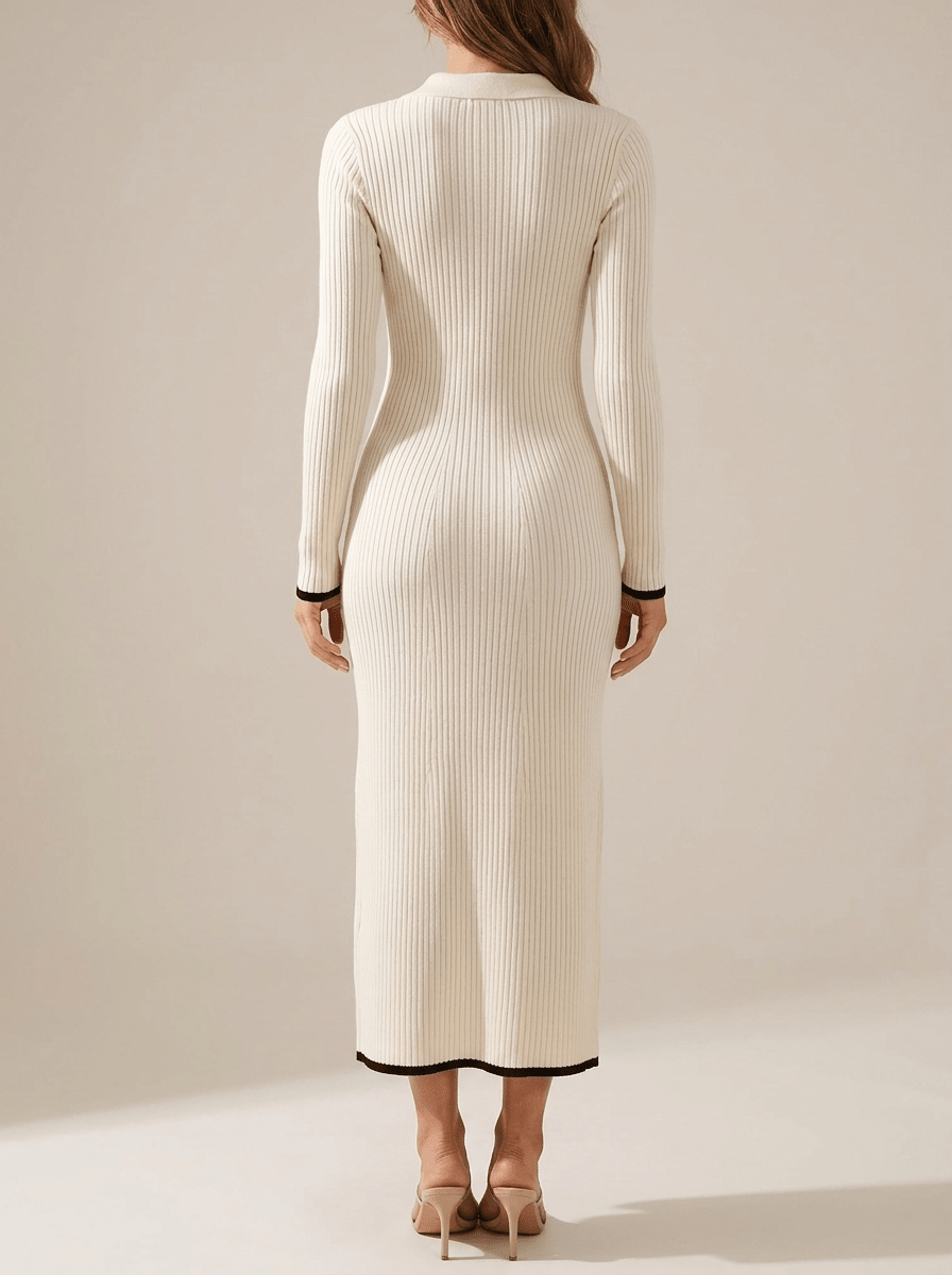 Rosamund Ribbed Button Detail – Women's Midi Dress in Beige