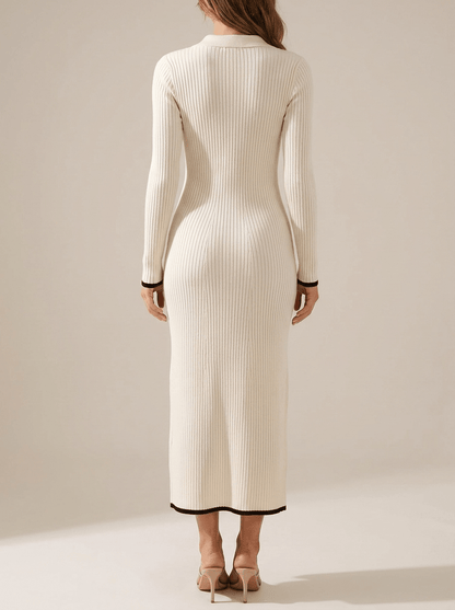 Rosamund Ribbed Button Detail – Women's Midi Dress in Beige
