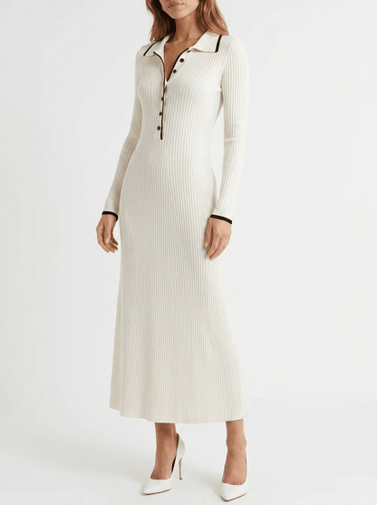 Rosamund Ribbed Button Detail – Women's Midi Dress in Beige