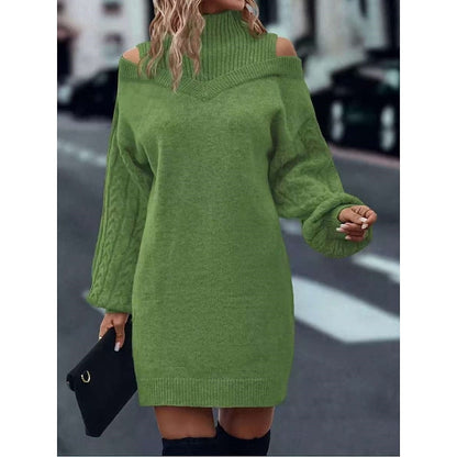Beatrix Cold-Shoulder Turtleneck Sweater in Green – Women's Midi Dress