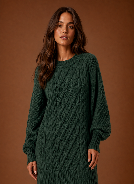 Perpetua Oversized Cable Knit – Women's Mini Dress in Forest Green