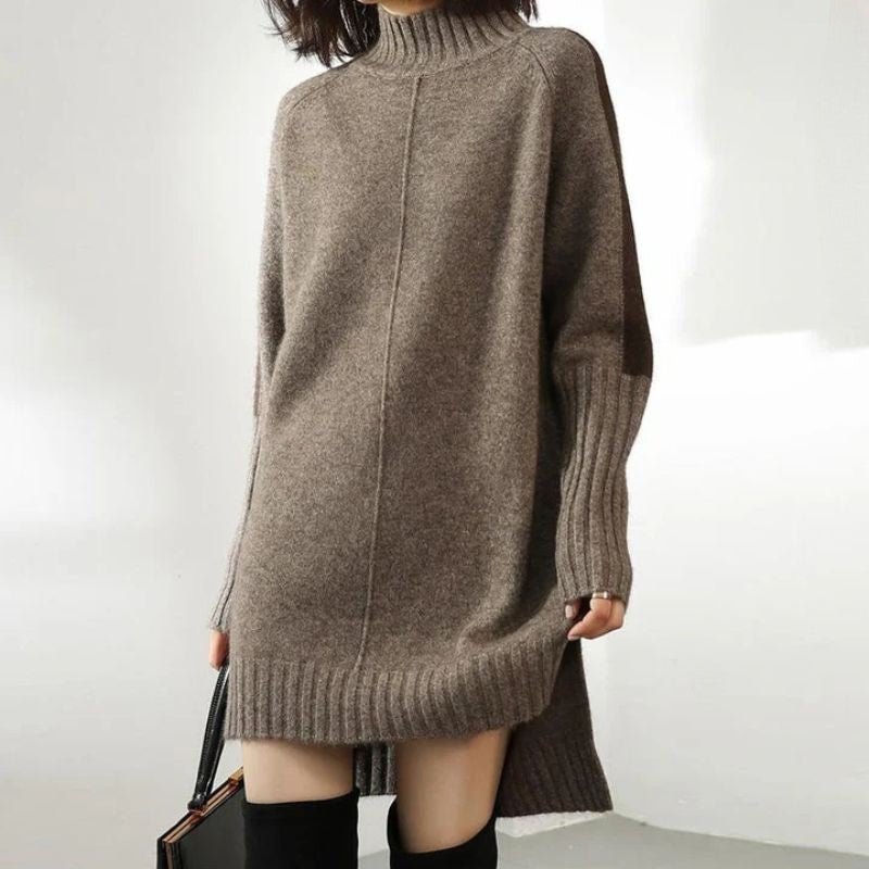 Celestine Ribbed Oversized Knit – Women's Midi Dress in Cognac Brown