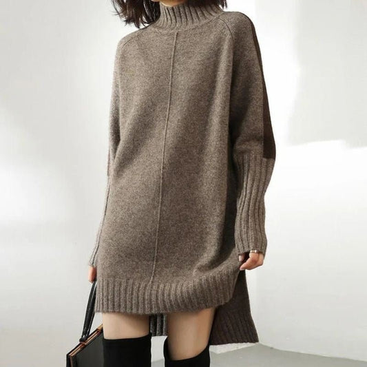 Celestine Ribbed Oversized Knit – Women's Midi Dress in Cognac Brown