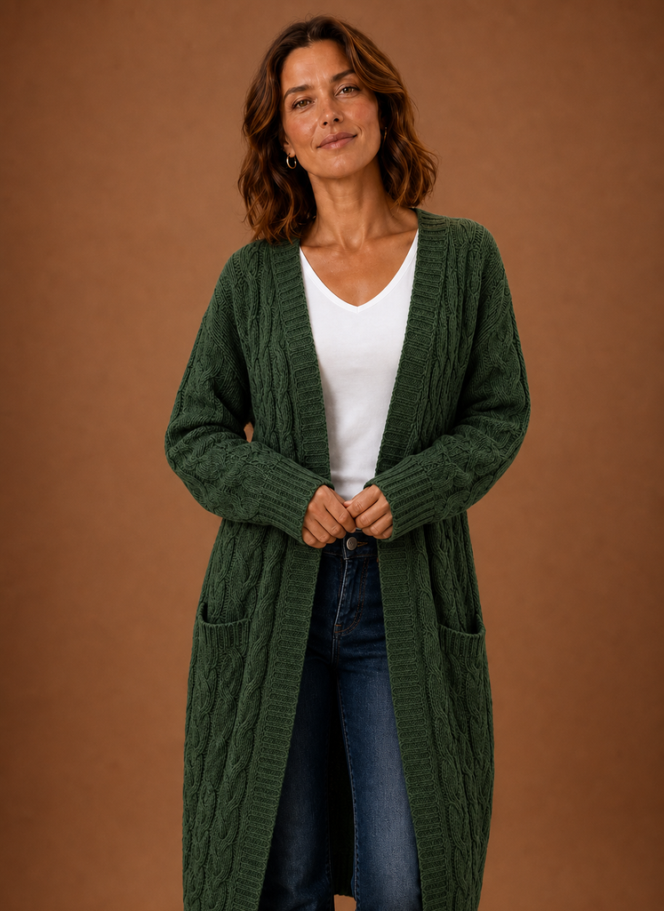 Elise Cable Knit Hooded – Women's Cardigan in Green