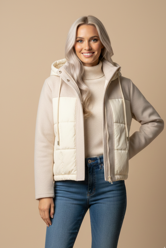 Woman wearing a beige puffer jacket over a white sweater with blue jeans on a beige background