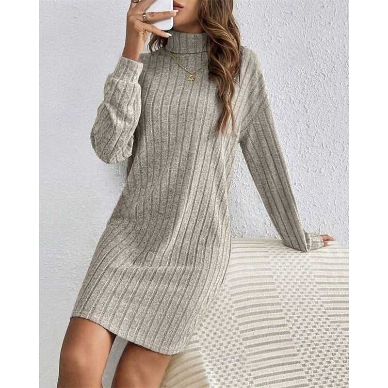 Cornelia Ribbed Roll-Neck in Light Grey – Women's Midi Dress