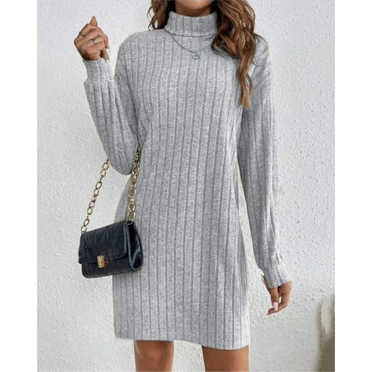 Cornelia Ribbed Roll-Neck – Women's Midi Dress in Light Grey
