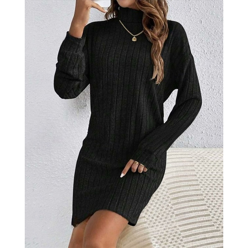 Cornelia Ribbed Roll-Neck in Light Grey – Women's Midi Dress