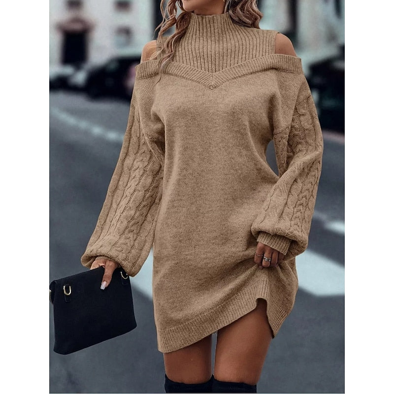 Beatrix Cold-Shoulder Turtleneck Sweater in Khaki – Women's Midi Dress