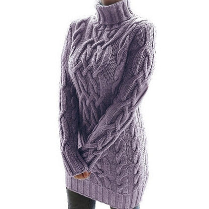 Thea Cable-Knit Turtleneck Sweater – Women's Midi Dress in Purple