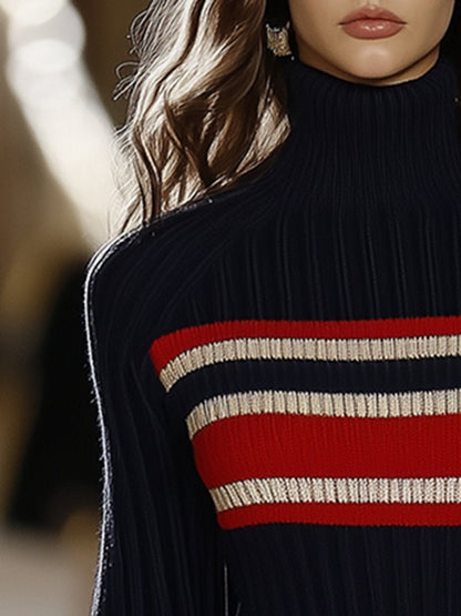 Colette High Collar Striped – Women's Mini Dress in Dark Blue
