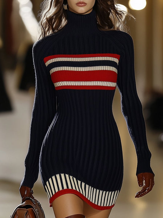 Colette High Collar Striped – Women's Mini Dress in Dark Blue