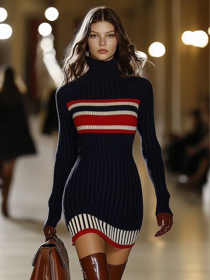 Colette High Collar Striped – Women's Mini Dress in Dark Blue