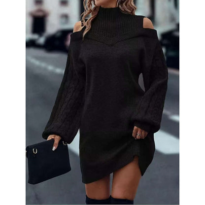 Beatrix Cold-Shoulder Turtleneck Sweater in Black – Women's Midi Dress