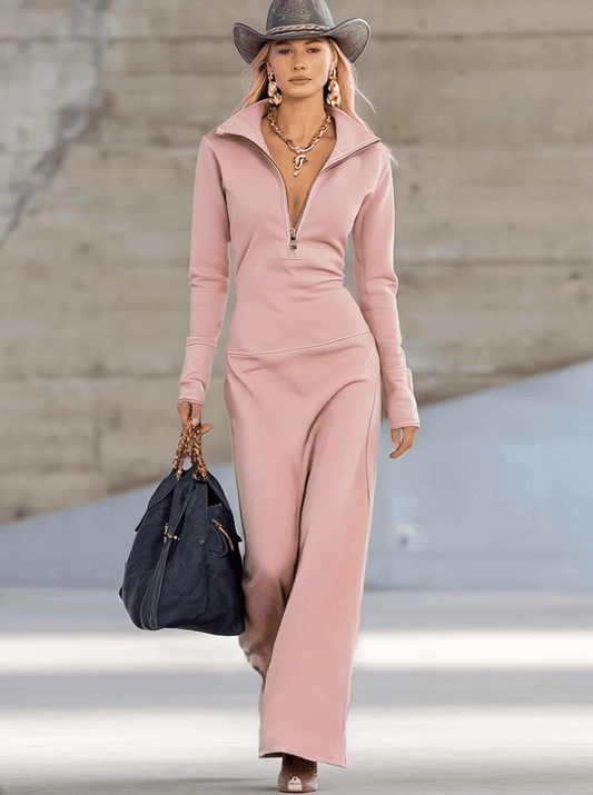 Fenna Hooded Zip-Front – Women's Maxi Dress in Light Pink