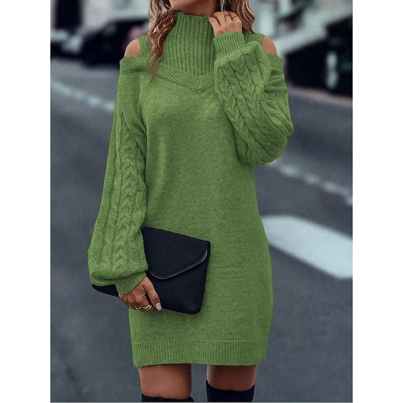 Beatrix Cold-Shoulder Turtleneck Sweater in Green – Women's Midi Dress