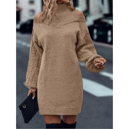 Beatrix Cold-Shoulder Turtleneck Sweater – Women's Midi Dress in Khaki